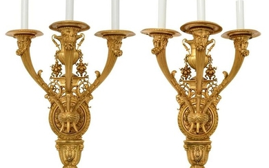 Pair of French Gilt Bronze Three-Light Wall Sconces