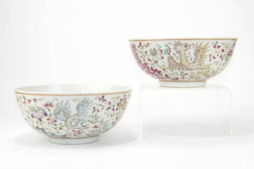 Pair of Large Chinese Famille Rose Bowls