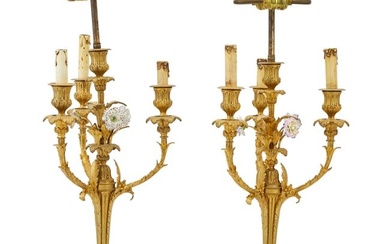 Pair of Louis XV / XVI Transitional Style Metal and Porcelain Candelabra Mounted as Lamps