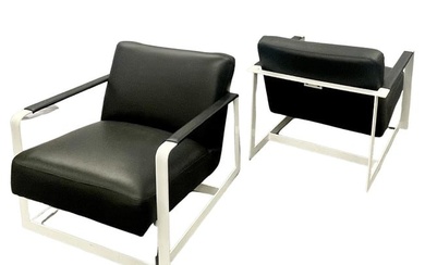 Pair of Mid-Century Modern Lounge Chairs, Leather, Steel Base, American, 1980s