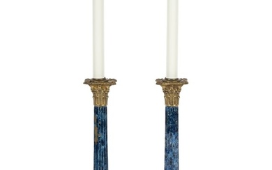 Pair of Neoclassical-Style Faux Lapis Columnar Candlesticks