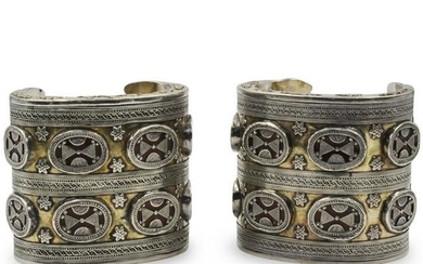 Pair of Oriental Sterling and Gold Inlay Cuff Bracelets
