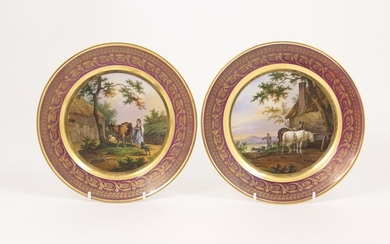 Pair of Paris porcelain plates, decorated by Jean-Pierre Feuillet...