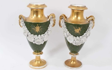Pair of Paris porcelain vases, 19th century, decorated with swags of encrusted flowers on a green and gilt ground, 29cm high