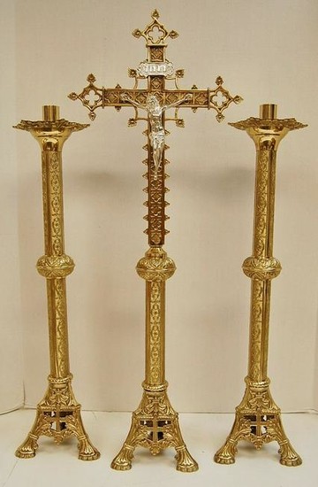 Pair of Traditional Brass Altar Candlesticks & Altar