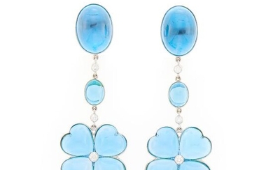 Pair of White Gold, Blue Topaz and Diamond Flower Pendant-Earrings