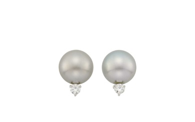 Pair of White Gold, Tahitian Gray Cultured Pearl and Diamond Earclips