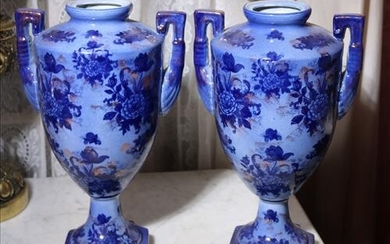 Pair of flow blue handle mantle urns, 15.5 in. T.