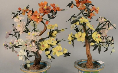 Pair of jade and hardstone trees in cloisonne planters