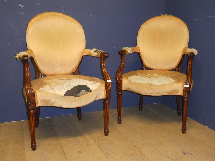 Pair of mid C18th armchairs with scrolled and carved arms an...