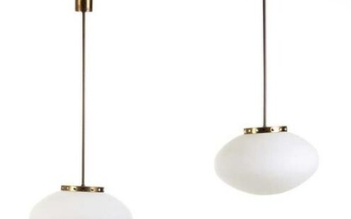 Pair of suspension lamps with flattened diffuser in