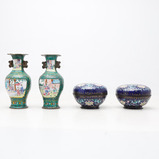 Pair of vases and pair of boxes in enamelled copper, 19th Century.