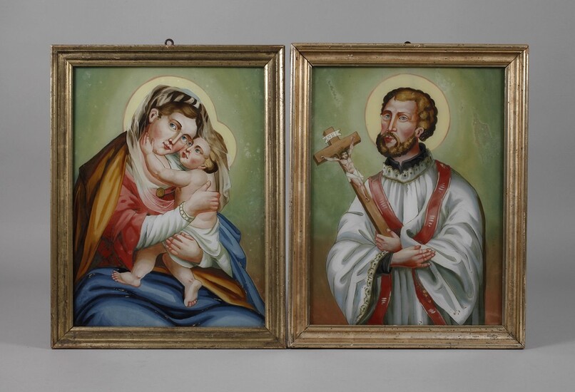 Paire de tableaux sous verre19e siècle, gouache sur verre, représentations de Marie et de l'enfant...