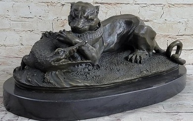 Panther Versus Alligator Bronze Sculpture On Marble Base - 8" x 15"