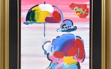Peter Max Umbrella Man Mixed Media Acrylic signed upper right. sheet size 32 x 24 inches. overall