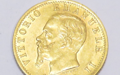 Pièce en or de 20 Lires "Vittorio Emanuelle II" datée de 1878. Poids : 6g45....