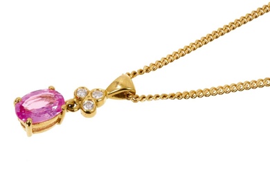 Pink sapphire and diamond pendant necklace with an oval mixed cut pink sapphire measuring approximately 7 x 5 x 2.7mm surmounted by three brilliant cut diamonds in 18ct gold setting on 18ct gold ch...