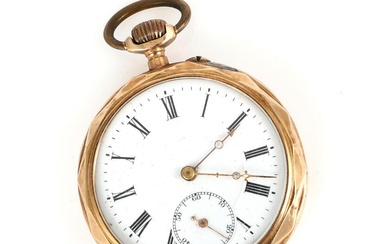 Pocket watch of 14k gold. Cylinder escapement with crown-winding. White enamel dial...