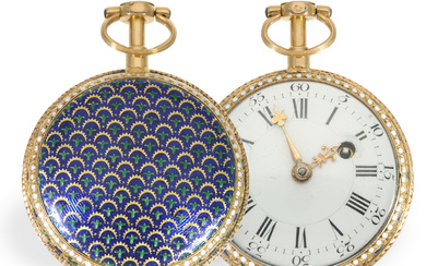 Pocket watch: very fine gold/enamel verge watch with intricate paillone enamelling, Guenoux a Paris, ca. 1770