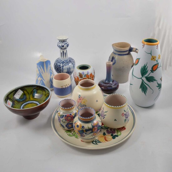 Poole Pottery charger, vases, Delphis pedestal bowl and other ceramics.