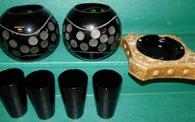 Pr Black Amethyst Rose Bowls & 4 Glasses, Ashtray
