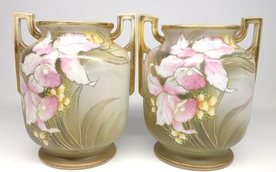 Pr of Nippon Pink Bell Flower Shaped Vases
