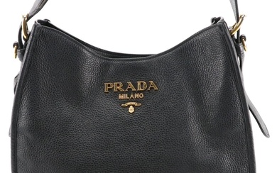 Prada Striped Strap Hobo Shoulder Bag in Black Vitello Daino Leather