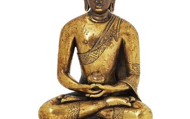 Property of a Gentleman (lots 36-85) A Mongolian gilt-bronze figure of Amitabha Buddha, 18th century, seated in dhyanasana with his hands in dhyanana mudra holding an alms bowl, wearing a monk's robe draped over his left shoulder, the hem of which...