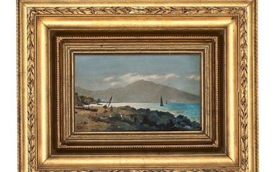 Punzo, Ciro Der Golf von Neapel. Um 1900. Öl auf Holzplatte. 18,5 x 31,8 cm. Signiert. Verso