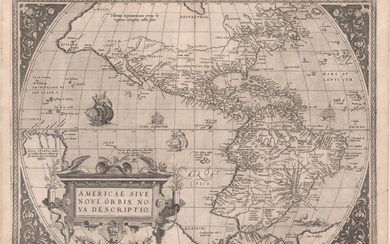 Rare First Plate of Ortelius' Influential Map of the New World, "Americae sive Novi Orbis Nova Descriptio", Ortelius, Abraham