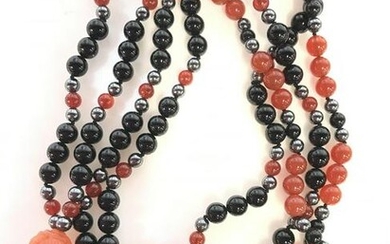 Red Jade Beaded Necklace. Carved Pendant
