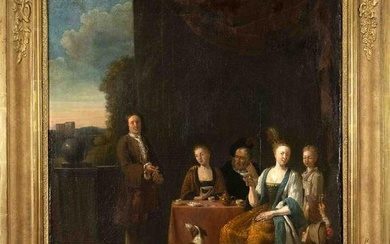 Richard Brakenburgh (1650-1702), Haarlem genre painter, courtly company having tea on a terrace