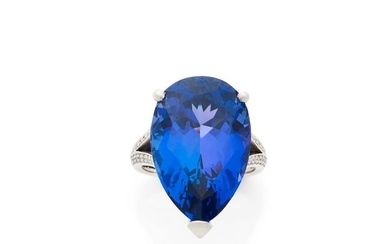 Ring in 18k white gold (750‰) adorned with a facetted pear-cut tanzanite, 24 carats approx.