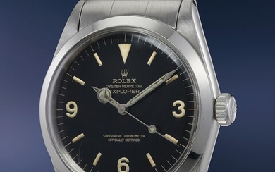 Rolex, Ref. 1016 A charismatic and extremely well-preserved stainless steel wristwatch with center seconds, black glossy luminous dial and bracelet