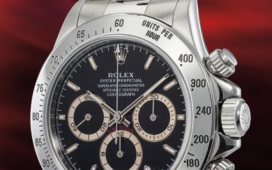 Rolex, Ref. 16520 A rare and attractive stainless steel chronograph wristwatch with slightly "tropical" registers, bracelet, guarantee and presentation box