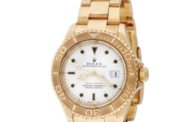 Rolex Yacht Master wristwatch, gold, men, instruction manual and original box, ca. 1993, yellow gold 18 k, d=43 mm, 158 g (gross) / Men's gold Rolex Yacht Master wristwatch, reference 16628, automatic movement, 3135 gauge. White dial, bezel marked...