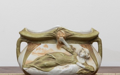 Royal Dux Art nouveau style twin handled trough vase depicting a lady laying down. Height 16cm x length 26cm, repaired