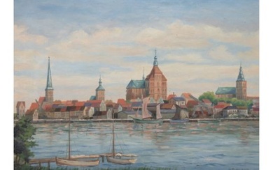Rutenbeck, Harry (Schwaaner Maler) "Rostock-Ansicht vom Gehlsdorfer Ufer ausgesehen", Öl/ Hartfaser