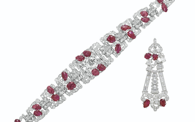 SET OF ART DECO CARVED RUBY AND DIAMOND JEWELRY