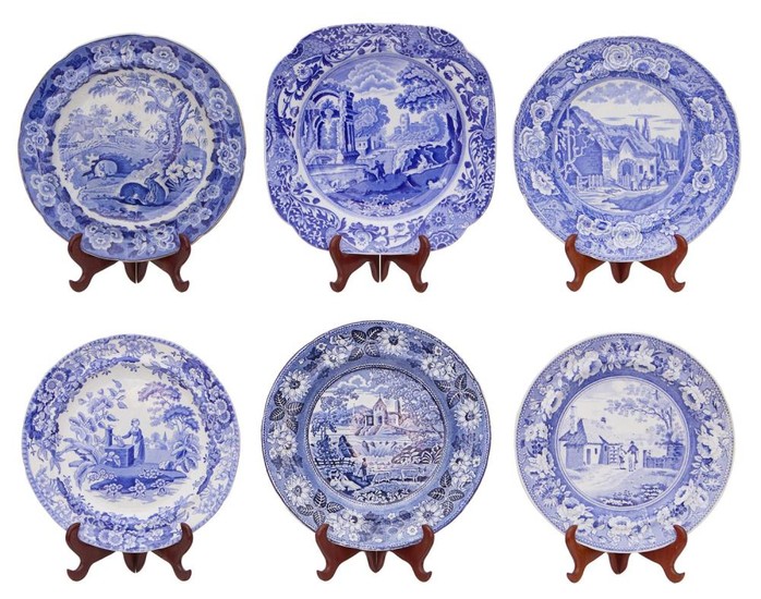 SIX ENGLISH BLUE AND WHITE TRANSFER PLATES