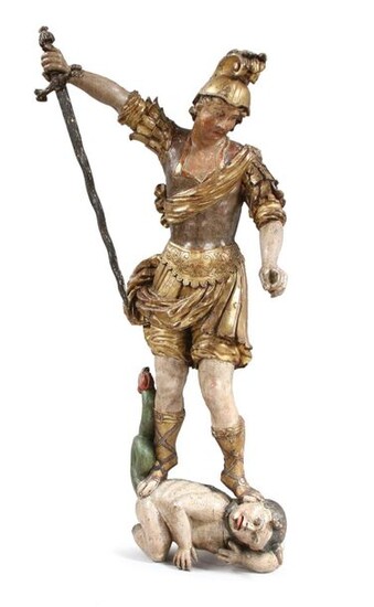 SOUTH GERMANY, second half of the XVIIth - first half of the XVIIIth century Probably Saint George Sculpture in strong relief in polychrome and gilded wood, hollow back. Height 202, Width 100, Depth 35 cm. (accidents and restoration). Provenance:...