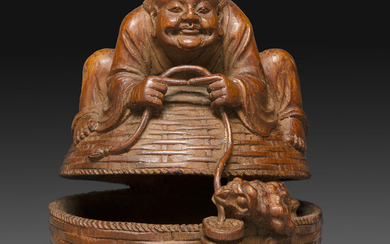 STATUETTE en bambou, finement sculpt et ajour, reprsentant Liu Hai...