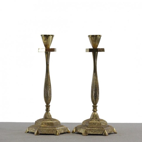 Sabra Israel, Two Cast Brass Tall Candlesticks Signed