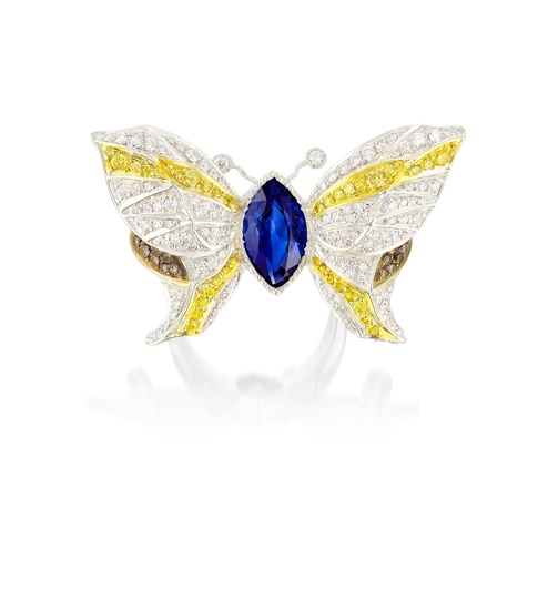Sapphire, Diamond and Coloured Diamond Ring