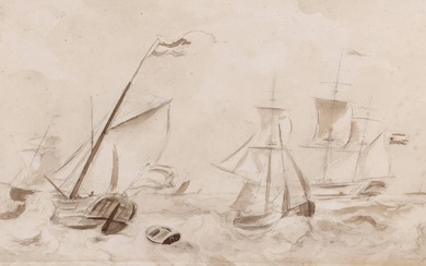 Schouman, Martinus (1770-1848). (Ships on a choppy sea). Sketch in...