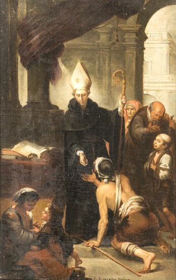 Scuola Veneta della fine del XVIII secolo (1:Principale) ( - ) San Tommaso di Villanova distribuisce l'elemosina ai poveri olio su tela cm 34,5x23 - con la cornice: cm 42x30