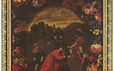 Scuola fiamminga del secolo XVII "Salita al calvario entro ghirlanda di fiori"