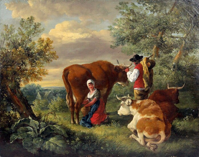 Scuola olandese del XVIII secolo, Paesaggio bucolico, olio su tavola, cm 24,5 x 31,5
