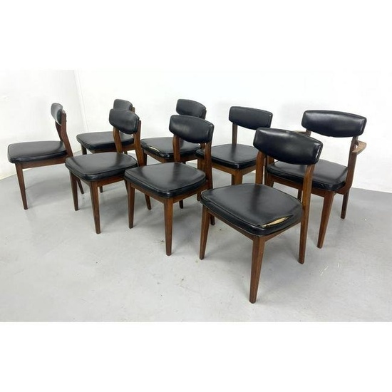 Set 8 Modern Dining Chairs. Black Vinyl Seats. Seven Sides and One Arm Chair. HIBRITEN Chair label.