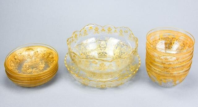 Set Antique Bavarian Glass Bowls & Saucers